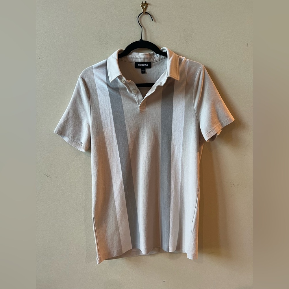 Express Men's Polo in Tan, White and Gray Stripes